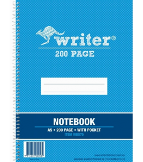 Writer A5 200Pg Spiral Note Book Board Cover + Pocket