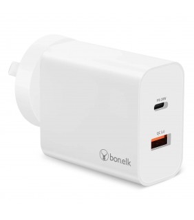 Bonelk AC Wall Charger (20W PD USB-C, 18W QC USB-A, 38W) (White)