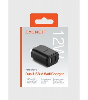 Cygnett PowerPlus 12W Dual USB-A Wall Charger- Black