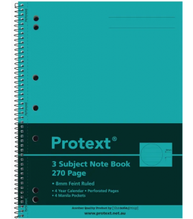 Protext A4 3 Subject Book - 270pg Spiral w/ 4 pockets - ASSORTED COLOURS