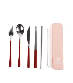 The Somewhere Co Burgundy Handle Silver Cutlery Set
