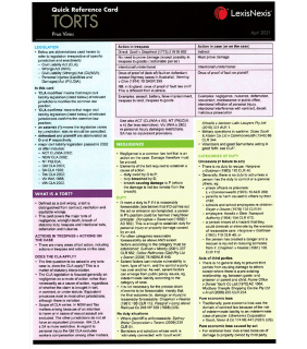 LexisNexis Australia Quick Reference Card - Torts, 4th Edition