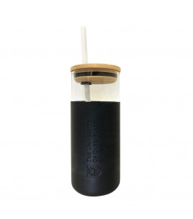 Glass Tumbler Bamboo Lid Silicone Sleeve & Straw Bla