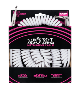 Ernie Ball Instrument Cable 30' Coiled Straight/Angle - White