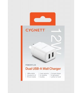 Cygnett PowerPlus 12W Dual USB-A Wall Charger - White