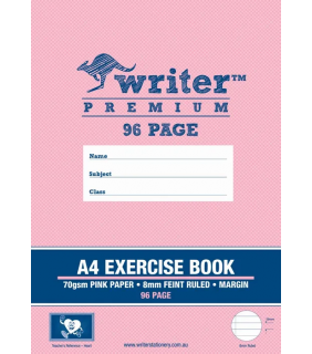 Writer Premium A4 96pg Exercise Book 8mm ruled + margin - Pink Pape