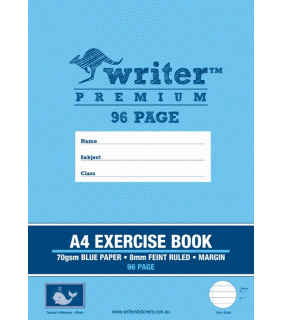 Writer Premium A4 96pg Exercise Book 8mm ruled + margin - Blue Pape