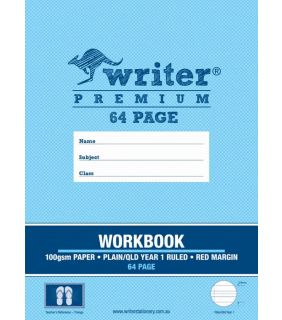 Workbook 64pg Plain 1 side/Qld Year 1 ruled 1 side + red margin 100gsm - Thongs