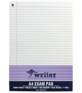 Protext A4 100 Sheet Bond Exam pad ruled + 1 Hole + red margin