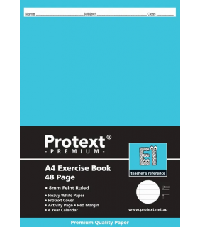 Protext A4 Exercise Book ruled 8mm 48pg + margin, new Light Blue ins