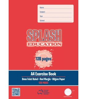 Writer Splash A4 128pg Exercise Book 8mm ruled + red margin
